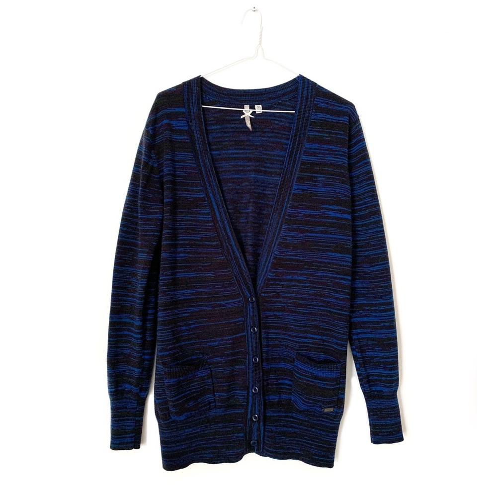 Orb Cardigan Blue and Black stripes Mid length Cardi Women Sz Medium